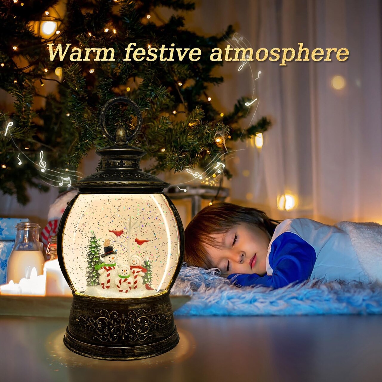 Snow Globe-Snowman Musical Christmas Lantern with 6 Hour Timer USB Lined/Battery Operated Retro Style Glitter Globe for Xmas Indoor Decoration and Santa Gifts